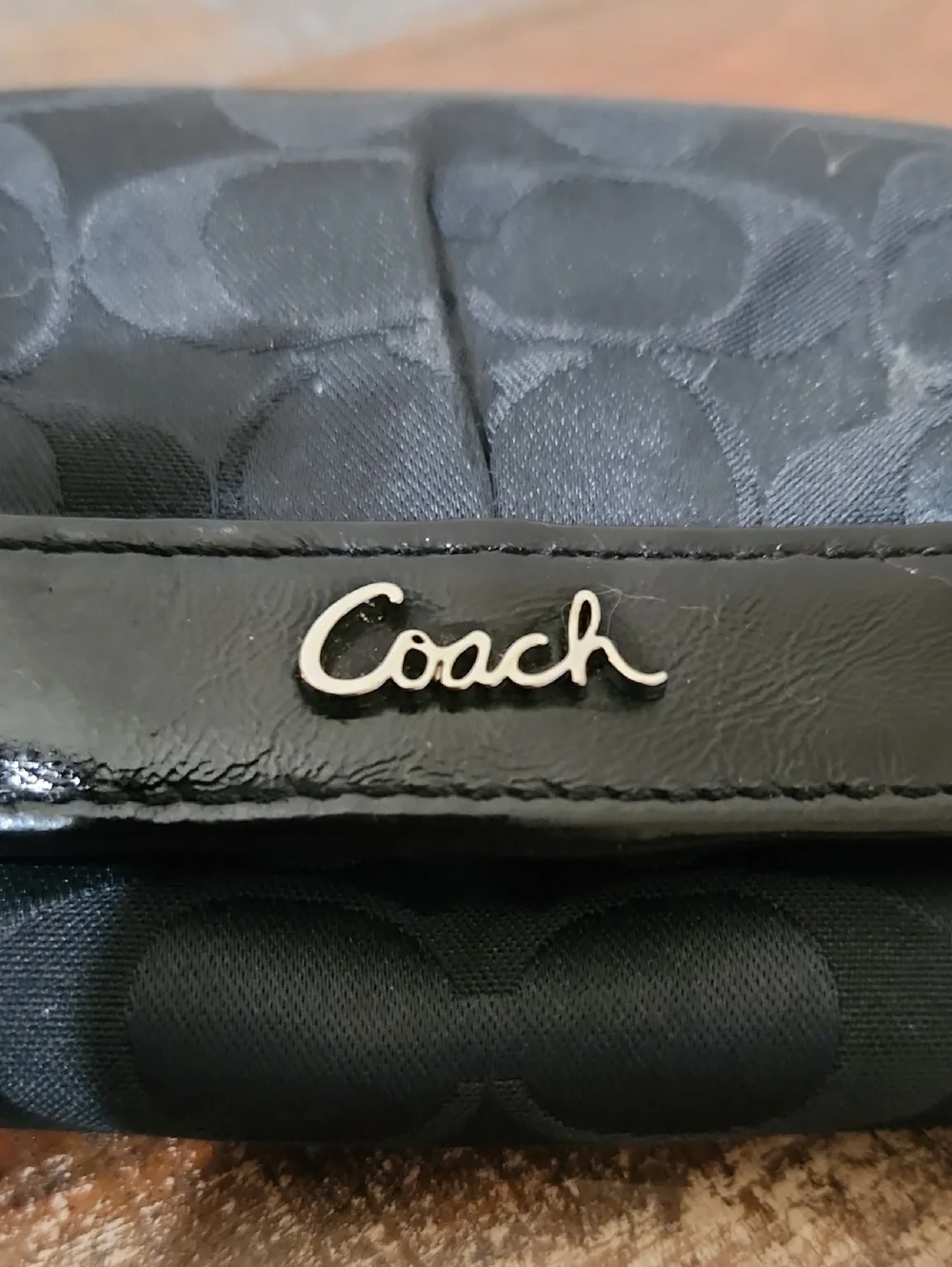 Coach Black Signature Compact Trifold Leather Wallet